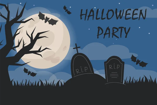 Halloween Night Landscape Illustration Full Moon Cemetery — Vector de stock