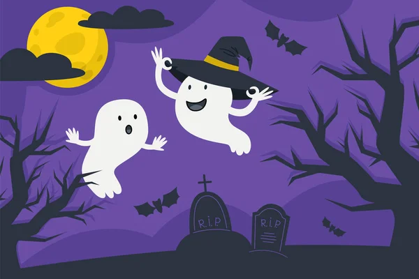 Dos Fantasmas Divierten Cementerio Noche Halloween — Vector de stock