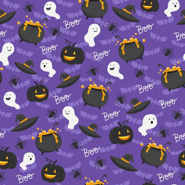 Patrón Sin Costura Halloween Linternas Calabaza Fantasmas Sombrero Bruja — Vector de stock