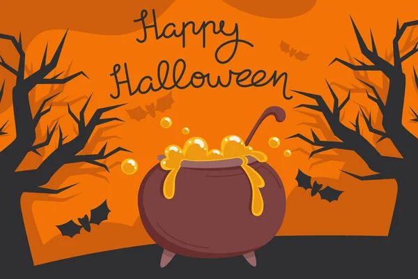 Tarjeta Halloween Con Caldero Bruja Estilo Plano — Vector de stock