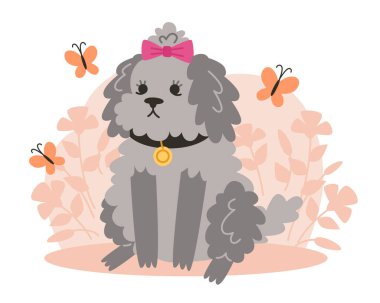 Kıvırcık küçük köpek çiçeklerle ve kelebeklerle çimlerde oturuyor.