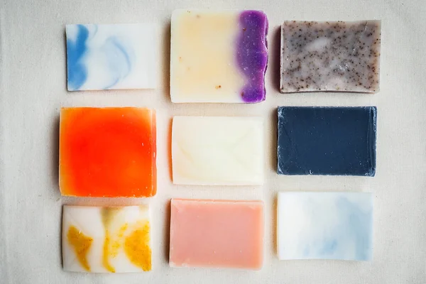 Colorful handmade solid soap bars, zero waste. Defocused — Stock Photo, Image