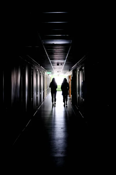 Two women walking alone in the dark. Two women, in a dark, long corridor, defocused. High quality photo