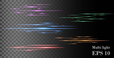 Çok renkli yatay ışık ışınları. Şeffaf arkaplanda parlak çizgiler var. vektör illüstrasyonu