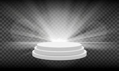 Ödül töreni platformu, vektör illüstrasyonu için spot ışıklarının aydınlatıldığı geçiş arka planında beyaz podyum