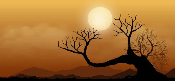 Tramonto Luna Piena Africano Albero Asciutto Paesaggio Vettoriale Illustrazione Deserto — Vettoriale Stock