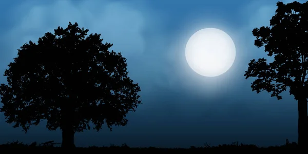 Silhouette Dell Albero Con Luna Piena Sfondo Del Paesaggio Illustrazione — Vettoriale Stock