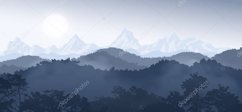 tree and mountain landscape with hills and forest silhouette under sky and fog, Vector illustration
