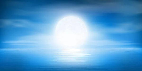 Πανσέληνος Νύχτα Σύννεφα Στην Ήρεμη Θάλασσα Ωκεανός Διανυσματική Απεικόνιση — Διανυσματικό Αρχείο