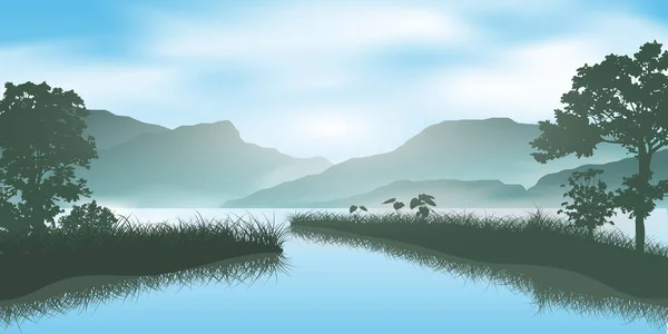 Albero Erba Silhouette Nel Lago Sfondo Montagna Con Nube Illustrazione — Vettoriale Stock