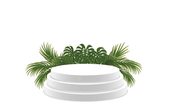 Weißes Produktpodest Mit Pflanzenblättern Zylindersockel Auf Grünem Hintergrund Vektorabbildung — Stockvektor
