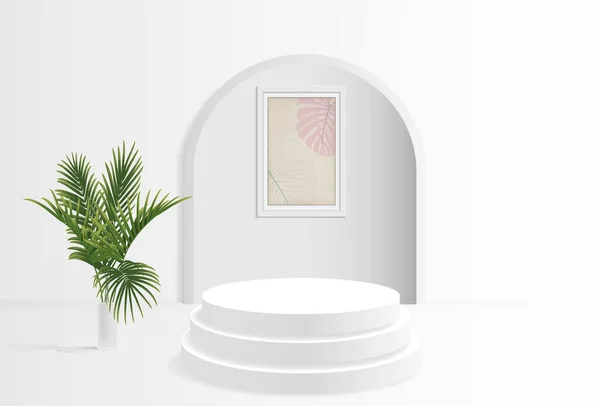 Wit Product Display Podium Witte Muur Met Fotolijstje Plant Bladeren — Stockvector