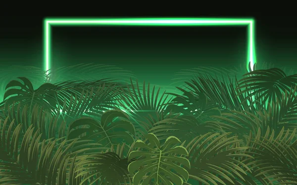 Jasny Tropikalny Liść Palmowy Neonową Ramą Wektor Tła Rośliny Dżungli — Wektor stockowy
