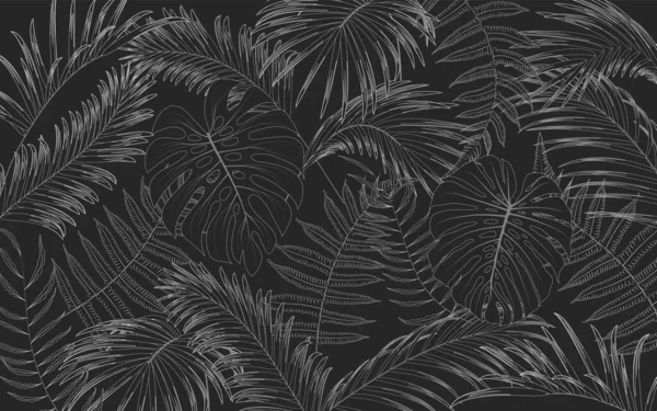 Dessin Nature Feuille Forêt Tropicale Sur Fond Noir Fond Antique — Image vectorielle