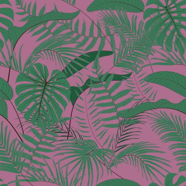 Zeichnung Naturblatt Regenwald Nahtloses Muster Auf Rosa Hintergrund Antiker Hintergrund — Stockvektor