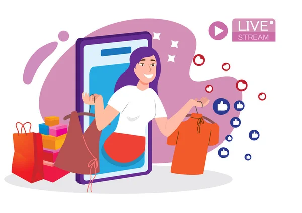 Vrouw Gebruikte Live Streaming Kleren Verkopen Haar Beauty Producten Live — Stockvector