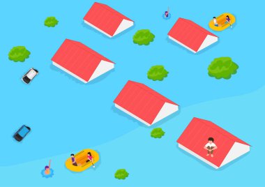 Fırtınaların ve sel baskınlarının sonucu olarak kurtarıcı erkek ve kadın tahliye karakteri şişme botu karikatür vektör çizimlerinde izole edilmiş doğal afetler yüksek sudan etkilenmiş insanları kurtardı.