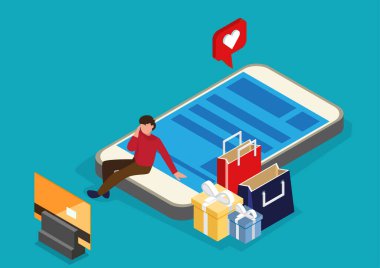 Çevrimiçi alışveriş, pazarlama ve ekommerce için renkli minimalist fikirler. Akıllı telefon parlak iş illüstrasyonuna sahip izometrik vektör ögesi