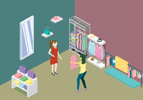 Faire Shopping Dans Magasin Vêtements Caractère Féminin Acheter Des Vêtements — Image vectorielle