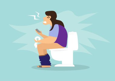Karın ağrısı ve ishal olan bir kadın tuvalette oturuyor. Elinde telefon ve doku var.
