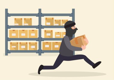 Hırsızlar postaneden paket çalarlar. Postanede siyahlı maskeli bir erkek paket çaldı. karton vektör izole düz çizgi film stili tasarım illüstrasyonu malzeme