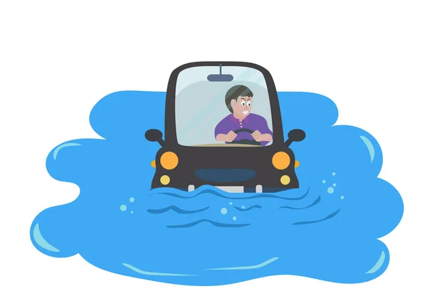Araba su birikintisinde boğuldu. Şoförün yüzünde endişeli bir ifade vardı. Bu da yağmurdan sonra sel baskınına neden olur. Düz biçim çizgi film çizim vektörü