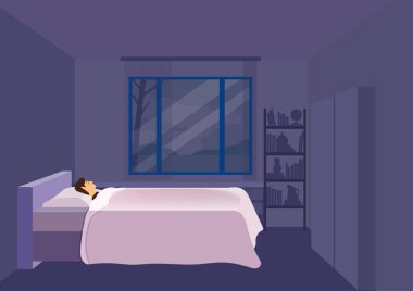 Yorgun adam yatak odasında uyuyor. Dinlenme konsepti. Düz tasarım vektör çizimi.