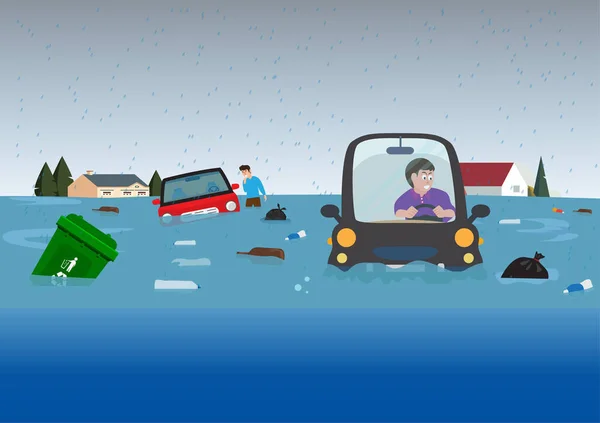 Las Inundaciones Provocan Que Los Coches Basura Floten Agua Personaje — Vector de stock