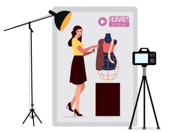 Kız karakter Streaming Creator Moda ev video blogcusu, giyim video blogcusu, giyim mağazası. çevrimiçi alışveriş içeriği ünlü yaratıcı moda etkileri düz vektör illüstrasyon tasarımı