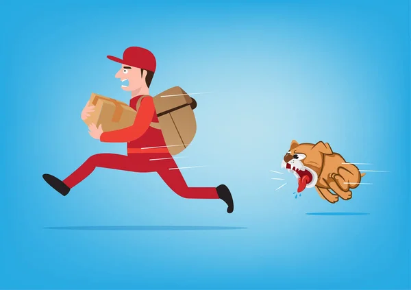 郵便配達人は犬にかまれた 早く逃げろ 漫画風ショックイラストベクトル — ストックベクタ