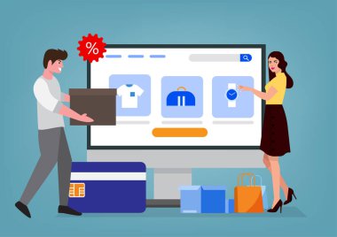 Online alışveriş konsepti İniş sayfası için online kadınlar ekommerce saklar İnsanlar taşıyıcı taşıyıcı pankart web ui şablonu. Düz biçim çizgi film çizim vektörü
