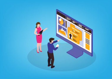 İş ekibi projeyi analiz ediyor. Ürün hedeflerini düz biçim vektör çizimi için bir kişi seçin