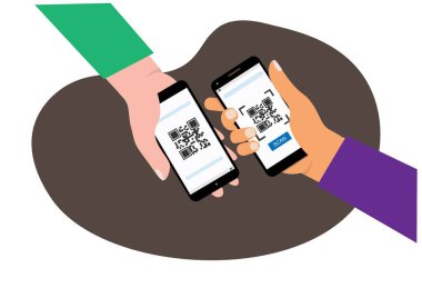 QR CORD taramasıyla çevrimiçi para transferi, düşük maliyetli para gönderme, bedava konsept. Akıllı telefonu tutan bir el, online para, cep telefonu ödemeleri. düz biçim çizgi film vektör çizimi