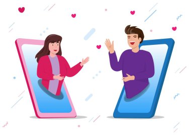 Çevrimiçi sohbet konsepti. Sevdiklerinizle video görüşmesi, sevgili erkekler ve kadınlar. Akıllı telefonunla sohbetin tadını çıkar. düz biçim çizgi film vektör çizimi