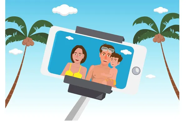 Familie Eltern Kinder Glücklich Sie Machen Selfies Fotoshooting Strand Sommerurlaub — Stockvektor