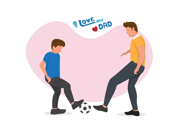 男孩和他的父亲在操场上踢足球 父亲的概念快乐的父亲和他的小男孩玩耍 平面风格卡通矢量插图 — 图库矢量图片