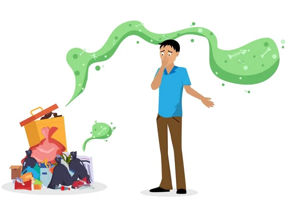 Jovem Irritado Com Cheiro Lixo Comunidade Onde Pessoas Jogam Lixo —  Vetores de Stock