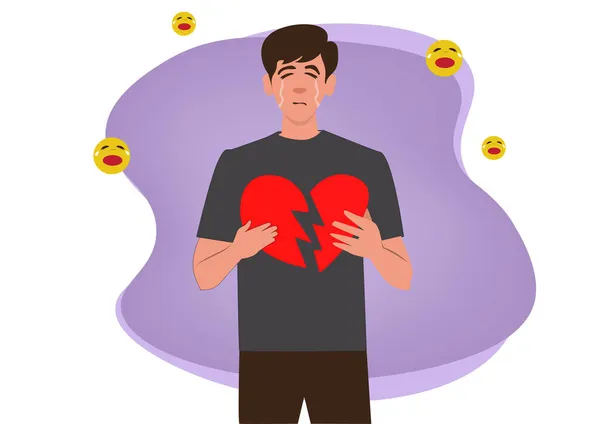 Triste Hombre Sosteniendo Corazón Roto Con Emoticono Llanto Concepto Angustia — Archivo Imágenes Vectoriales