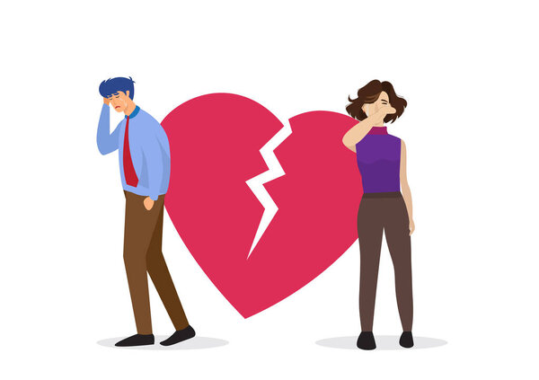 The lovers parted with understanding, both of them, tears running down their cheeks. But had to break up. Men and women part ways like broken hearts. flat style illustration vector  cartoon 