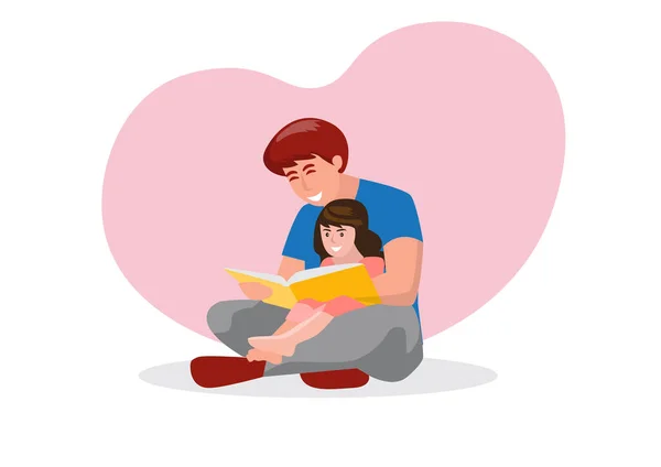 Flache Vektorillustration Von Vater Und Tochter Beim Gemeinsamen Lesen Von — Stockvektor