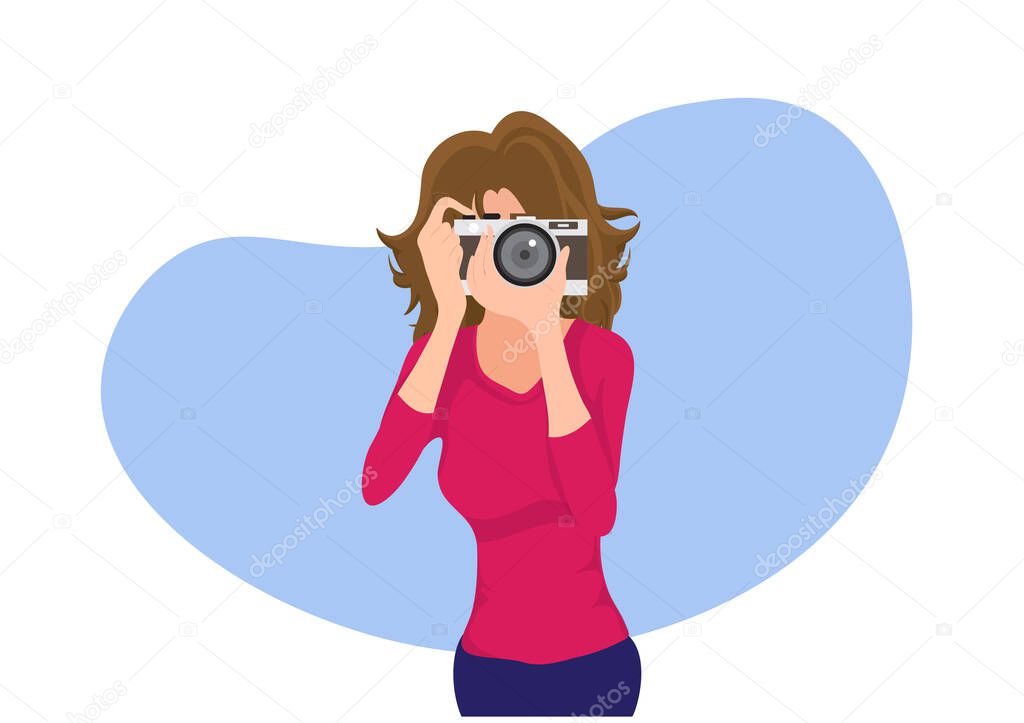 A blonde woman stands with a camera, happily photographing landscapes, and people. flat style cartoon vector illustration