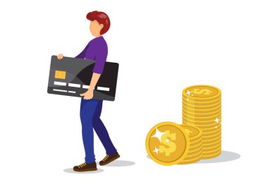 Plastik banka ya da kredi kartı tutan adam. Güvenli elektronik veya kablosuz ödemeler için servis konsepti. Modern dijital para pankartlar için renkli transferler yapıyor. düz biçim çizgi film vektör çizimi