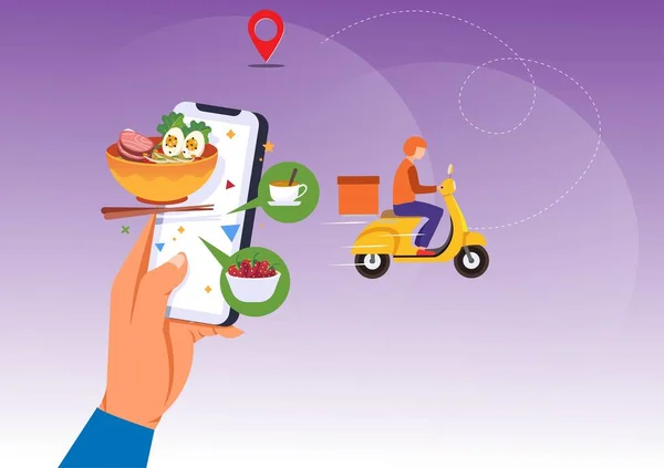 Мобильный Смартфон Приложением Доставки Еды Заказать Еду Онлайн Современные Творческие — стоковый вектор
