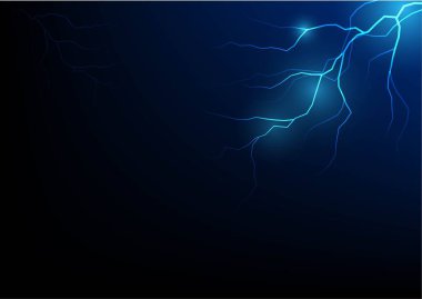 Gök gürültülü şimşek, gerçekçi şimşek fırtınası elektrik flaş vektör çizimi. Elektrikli mavi parlak parlak ışık efekti, soyut neon şok ışınları gece fırtınalı gökyüzü karanlık arka plan