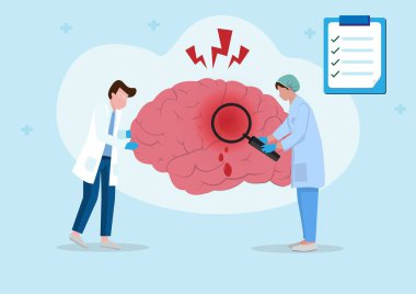 Concept of brain disease and neurosurgery. flat style vector illustration male doctor ready nurse standing using a magnifying glass Find neurological disease and hemorrhagic stroke symbols.  
