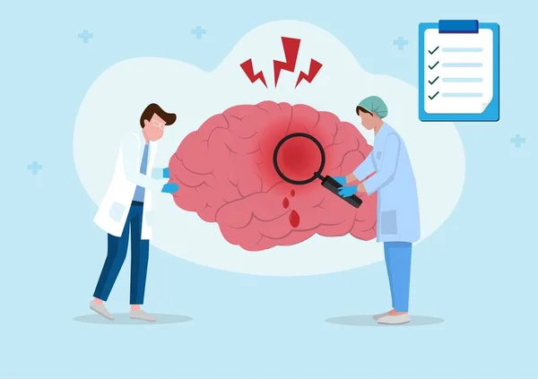 Concept of brain disease and neurosurgery. flat style vector illustration male doctor ready nurse standing using a magnifying glass Find neurological disease and hemorrhagic stroke symbols.  