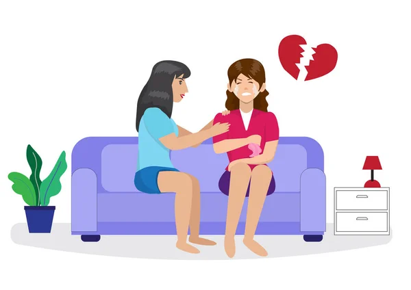 Concept Divorce Friend Comforting Desperate Girl Breaking Her Boyfriend Sitting —  Vetores de Stock