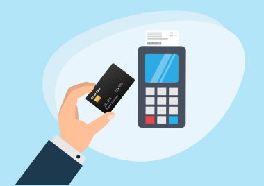 Simple operation of POS terminale Hand push credit or debit card into pos terminal card concept payment.  Flat style cartoon illustration vector