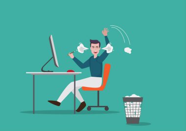 A young man working independently, he is very angry, can't think of a job for a customer. Throw the crumpled paper in the trash. flat style cartoon vector illustration