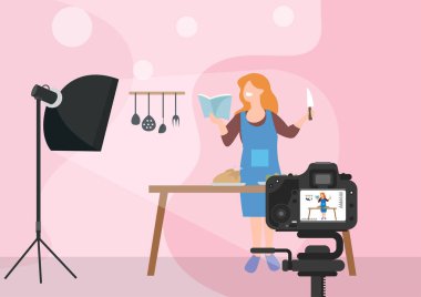 food blogger woman in kitchen apron holding knife and have fried chicken in the tray Using camera on tripod. Light from softbox. Cooking blog or vlog concept. Flat style cartoon vector illustration.